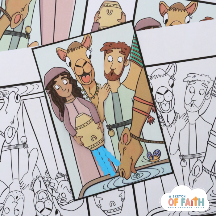 Photo showing colour and outline printed templates for a Bible craft based on the story of Rebecca watering camels